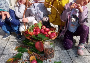 Pamiątkowe zdjęcie przy koszyku z jabłkami.