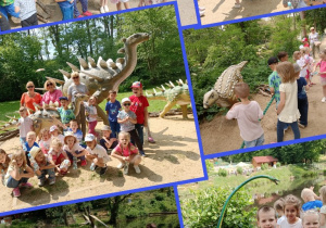 Dzieci zwiedzają Park i oglądają figury dinozaurów naturalnych wielkości