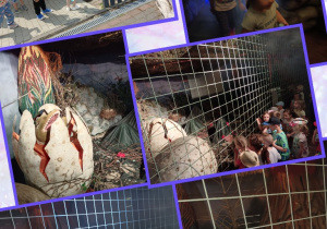 Dzieci oglądają makietę wyklucia się dinozaura z jaja i wybuchający wulkan