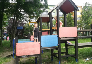 Dwóch chłopców bawiących się w drewnianym domku ogrodowym