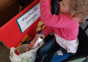 Dziewczynka wkłada do pudła dary dla seniorów