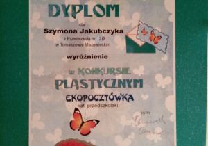Dyplom – wyróżnienie dla Szymona Jakubczyka.