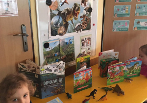Chłopiec przegląda książkę o dinozaurach.