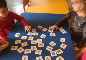 Dzieci przy stoliku grają w memory obrazkowe o dinozaurach.