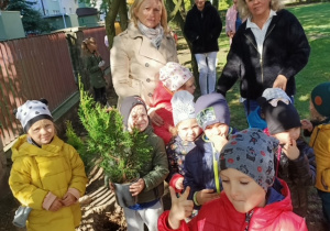 Dzieci wraz z nauczycielkami szykują się do sadzenia drzewek w ogrodzie przedszkolnym.