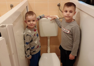 Dwaj chłopcy pokazują spuszczanie wody w toalecie