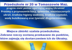 Plakat informujący o zbiórce pomocy organizowanej w przedszkolu dla Ukrainy