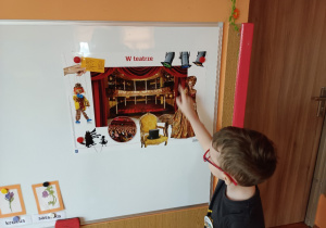 Chłopiec pokazuje na tablicy gdzie w teatrze jest kurtyna.