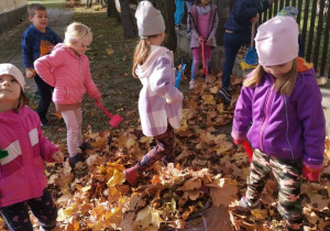 Dzieci zbierają suche liście do worka