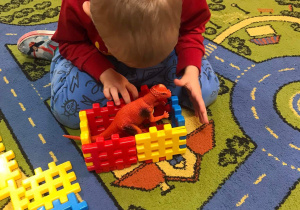 Chłopiec buduje z klocków zagrodę dla dinozaura.