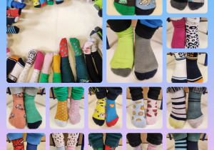 Zdjęcia stóp dzieci w kolorowych skarpetach.