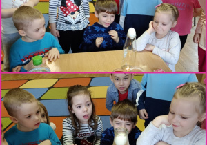 Dzieci wykonują eksperymenty z jajkami.