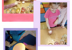 Dzieci wykonują eksperymenty z jajkami.