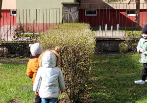 Przedszkolaki szukają jajek wielkanocnych w ogrodzie przedszkolnym.