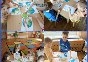 Dzieci nakładają powstałą farbę na kontury Ziemi.