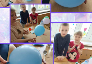 Pani pokazuje dzieciom jak włożyć wykałaczkę w balon by nie pękł.