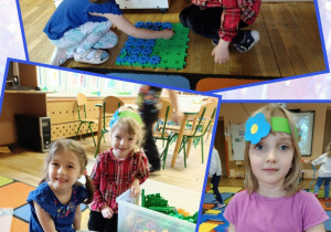 Dzieci pokazują swoje niebieskie budowle.