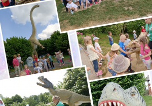 Dzieci zwiedzają Park i oglądają figury dinozaurów naturalnych wielkości