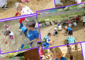 Dzieci w piaskownicy łopatkami i z sitami szukają kości dinozaurów