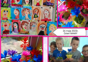 Portrety mam wykonane farbami przez dzieci i papierowe kwiateki w doniczkach z koperkiem jako prezenty dla mam.