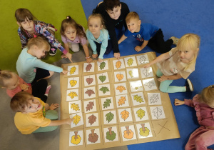 Dzieci siedzące wokół planszy, na której dopasowały liście według kształtu i koloru