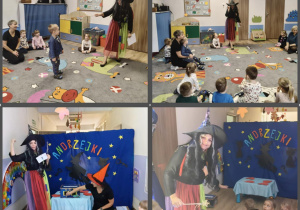 Zabawy dzieci z panią przebraną za wiedźmę.