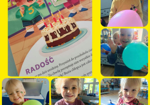 Colage zdjęć uśmiechniętych dzieci trzymających balony