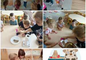 Kolaż zdjęć ukazujące dzieci biorące udział w zajęciu o tematyce mycia rąk