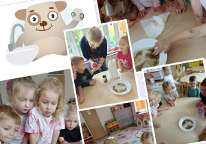 Kolaż zdjęć ukazujące dzieci biorące udział w zajęciu o tematyce mycia rąk