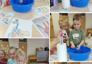 Kolaż zdjęć ukazujące dzieci myjące ręce w misce