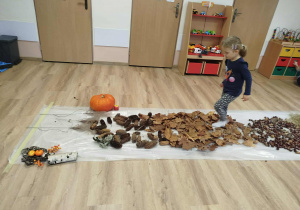 Dziewczynka idzie ścieżką sensoryczną po suchych liściach